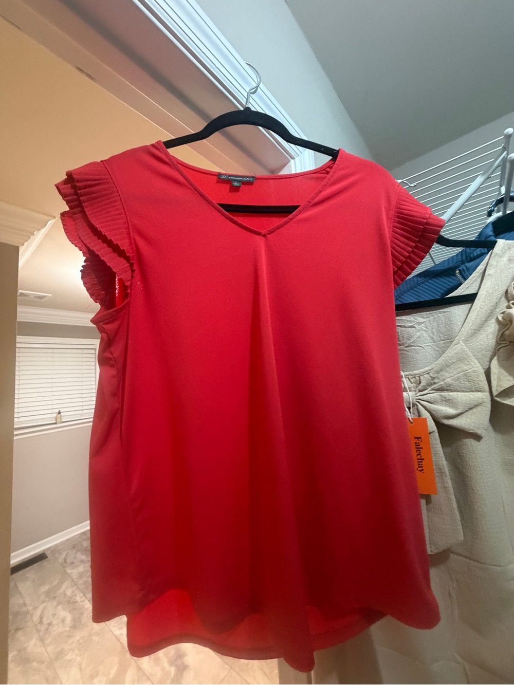 Adrianna Papell Red V-Neck Flutter Sleeve Blouse